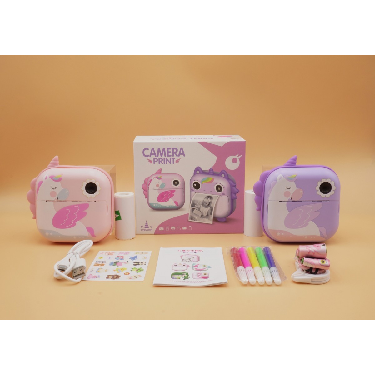 sleeping unicorn printing camera w/color pen purple color"