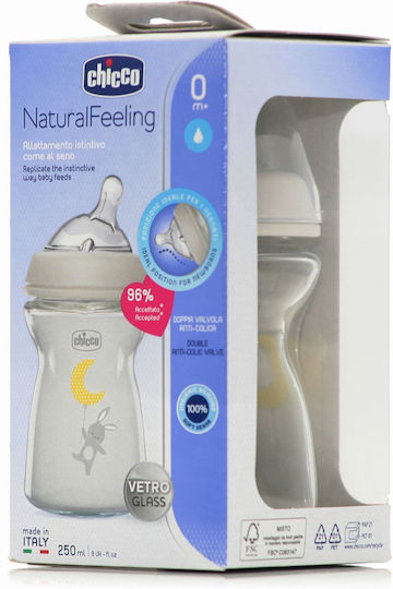 chicco Γυάλινο Μπιμπερό natural feeling Κατά των Κολικών με Θηλή Σιλικόνης για 0+ μηνών Γκρι 250ml